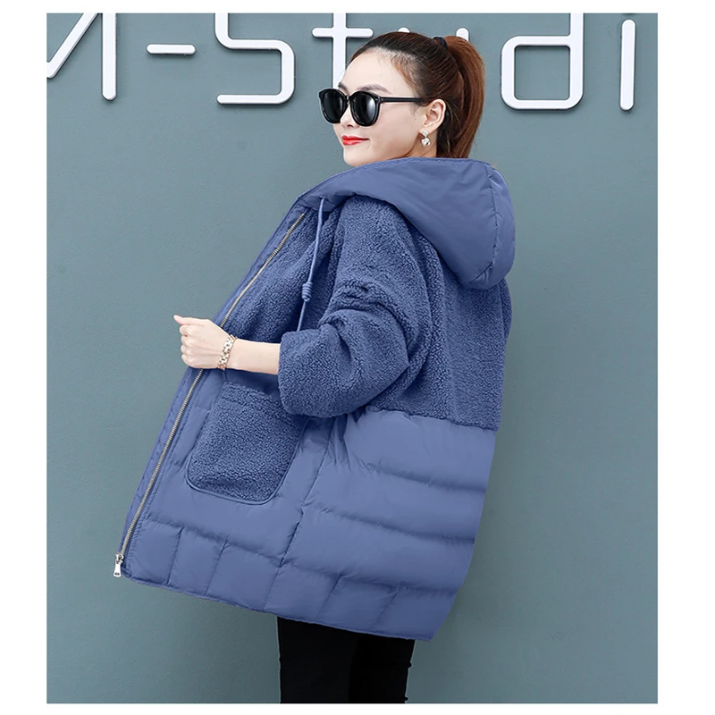 

2020Women's down padded jacket winter Fashion hooded Imitation lambs wool splicing overcoat plus-size casual Women's winter coat