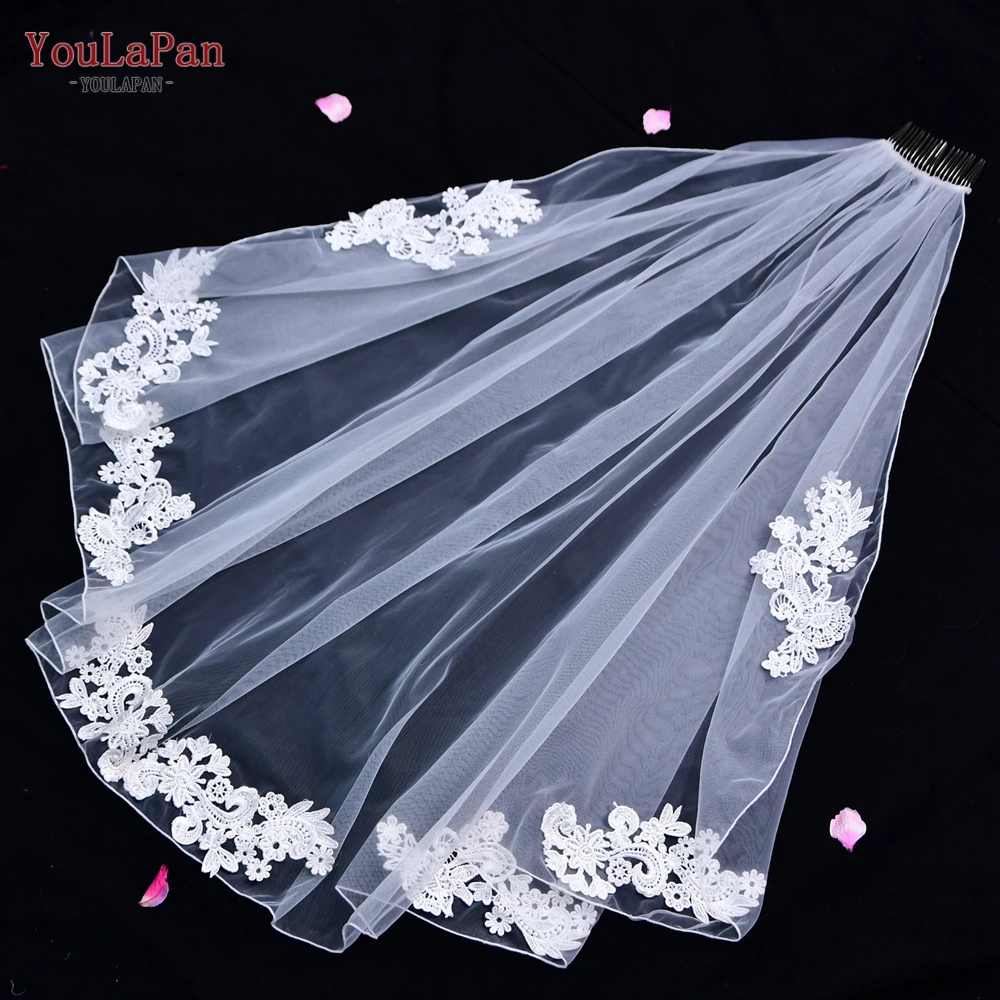 

YouLaPan V78 Wedding Veil Lace Applique Short Bridal Veils Shoulder Length 1 Tier Pencil Edge Communion Accessories Veil
