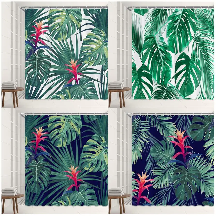 

3d-занавески для ванной комнаты с тропическими листьями, набор из зеленых растений, пальмовых листьев монстеры, нордическая ткань из полиэст...