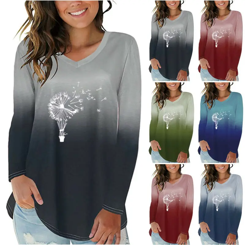 Женские повседневные топы с градиентом и V-образным вырезом Блузка с принтом одуванчика футболка с длинным рукавом 
Женские повседневные топы с градиентом и V-образным вырезом Блузка с принтом одуванчика футболка с длинным рукавом