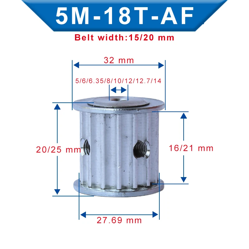 5M-18T Pulley Bore Size 5/6/6.35/8/10/12/12.7/14 mm Slot Width 16/21mm Aluminum pulley wheel For Width 15/20 mm 5M-Timing Belt
5M-18T Pulley Bore Size 5/6/6.35/8/10/12/12.7/14 mm Slot Width 16/21mm Aluminum pulley wheel For Width 15/20 mm 5M-Timing Belt