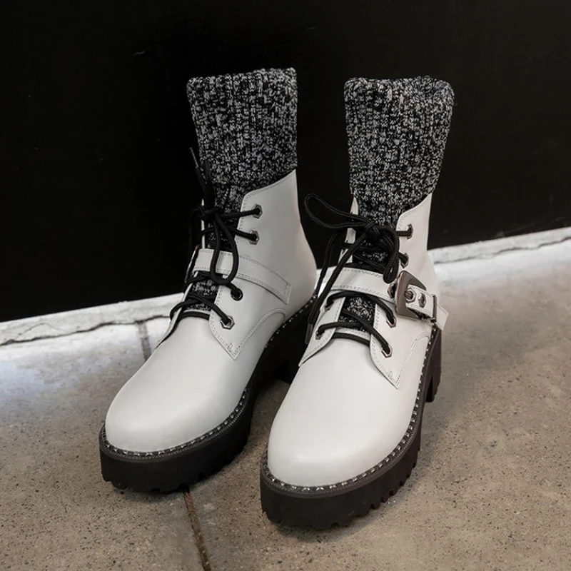 Kanseet Women Shoes Fashion Round Toe Genuine Leather Patchwork Knitted Thick Heel Boot Platform Lace Up Mid Heel Casual Boots
Kanseet Women Shoes Fashion Round Toe Genuine Leather Patchwork Knitted Thick Heel Boot Platform Lace Up Mid Heel Casual Boots