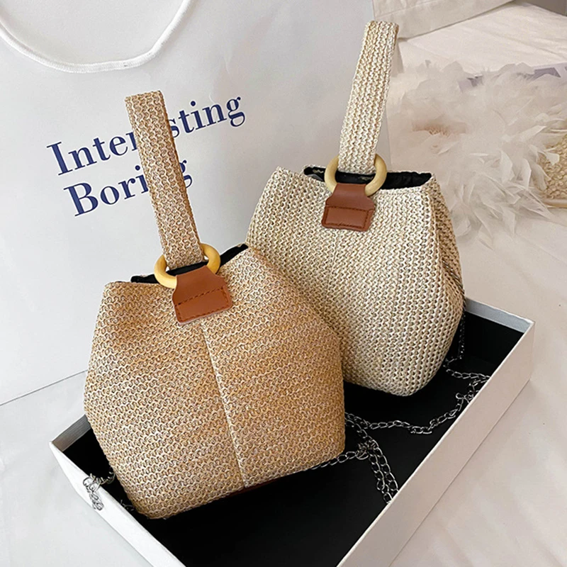 

Concise Handbags For Women Straw Weaving Women's Bags Retro Shoulder Bags Ladies Totas Fashion Bucket Bags Female Purse 2021 New
