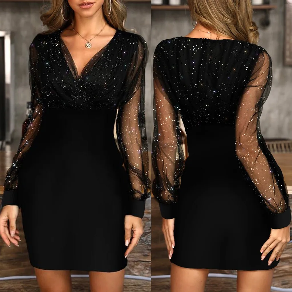 Women Vestidos Sequins Sexy New Summer Female Dress Black V neck Retro Elegant Party Culb Dress
Women Vestidos Sequins Sexy New Summer Female Dress Black V neck Retro Elegant Party Culb Dress