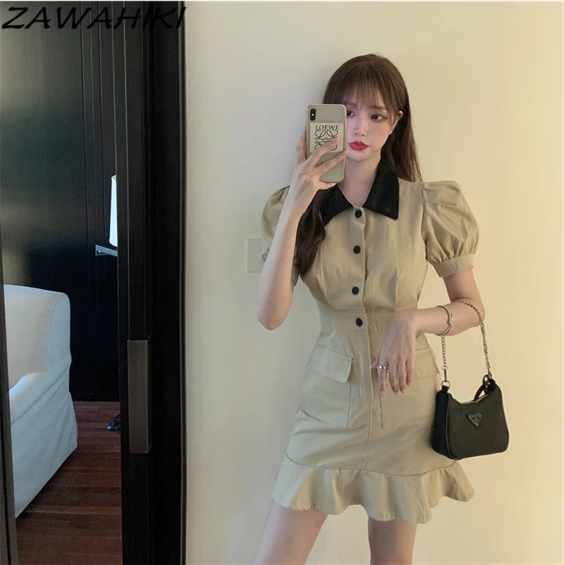 ZAWAHIKI Turn Down Collar High Waist Mini Dress Summer Short Sleeve Mermaid Dresses Slim Vintage Clothing Women Vestido De Mujer
ZAWAHIKI Turn Down Collar High Waist Mini Dress Summer Short Sleeve Mermaid Dresses Slim Vintage Clothing Women Vestido De Mujer