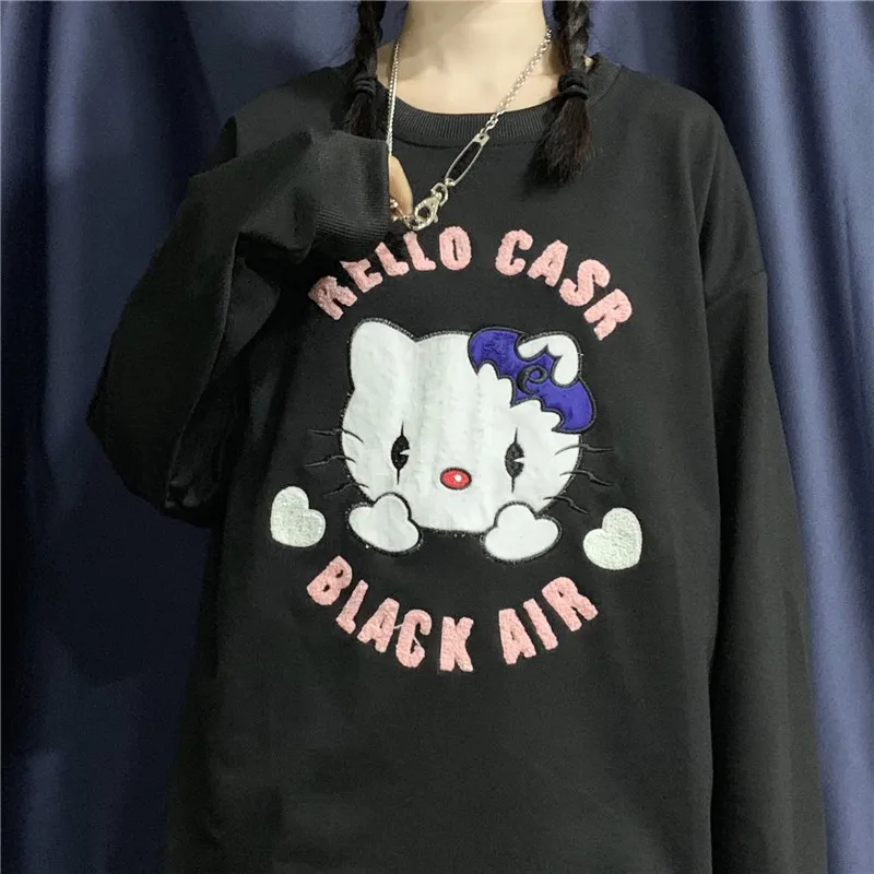 Новинка Осенняя Мягкая футболка в японском стиле Харадзюку с вышивкой кота из