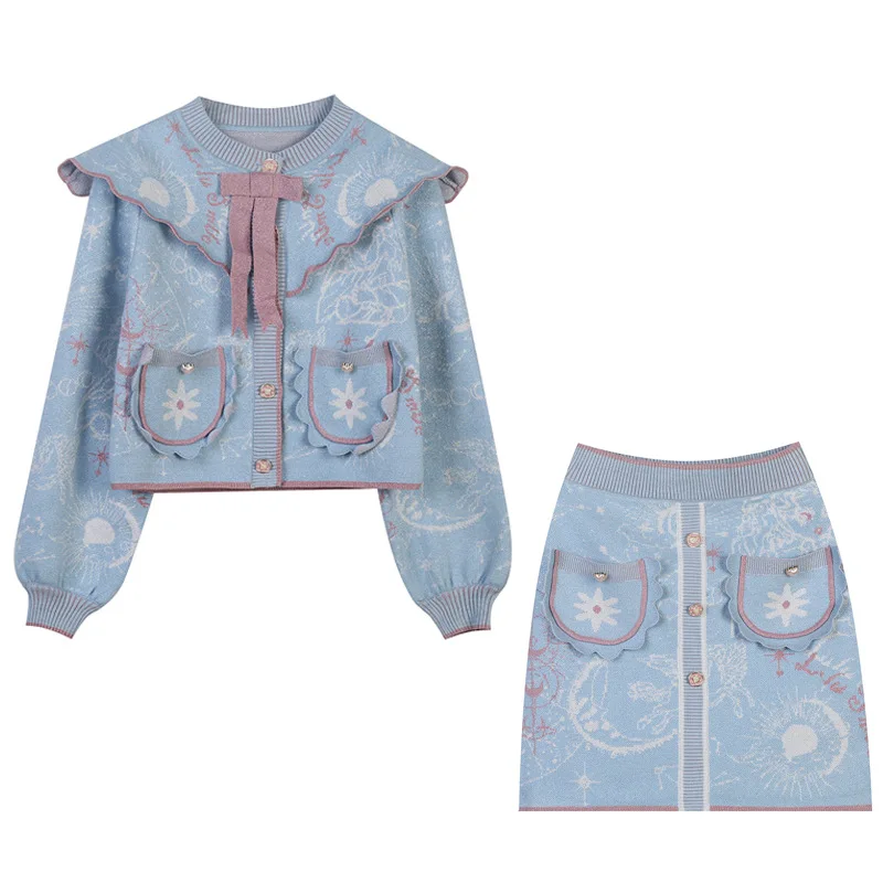 2021 autumn and winter new knitted two-piece suit contrast jacquard temperament round neck long-sleeved cardigan short skirt sui
2021 autumn and winter new knitted two-piece suit contrast jacquard temperament round neck long-sleeved cardigan short skirt sui