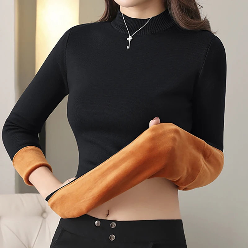 

Abrini Winter Basics Thermal Underwear Sweater Long Johns Solid O-neck Slim Jumper Thick Warm Soft Pullover Velvet Sweater 2021