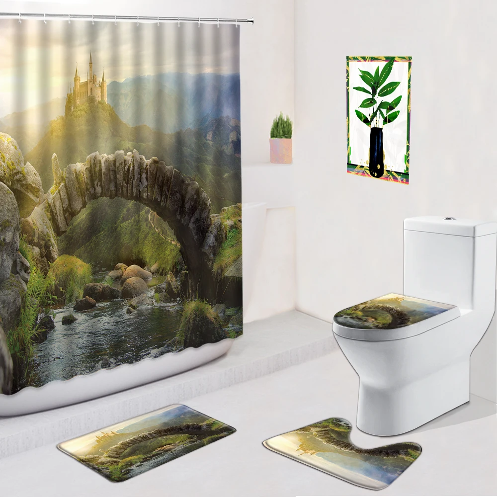 Natural Scenery Bathroom Set Shower Curtain Non Slip Bath Carpets Toilet Cover Mat Door Rug Forest River Pattern Home Curtains