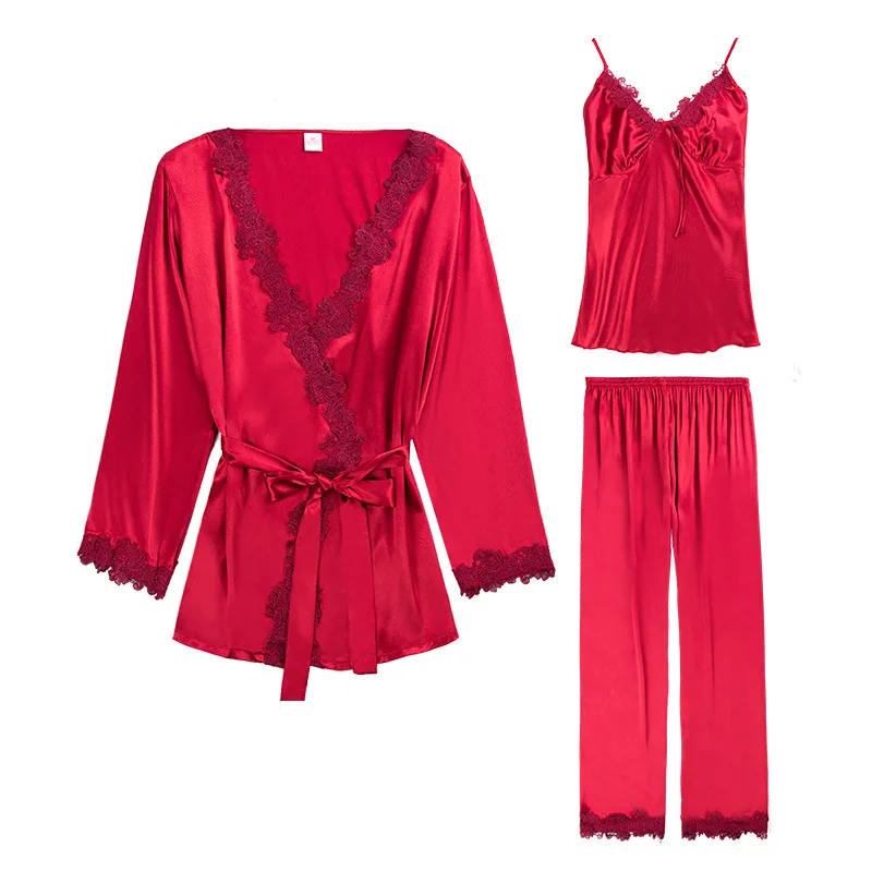 Silk Pajamas Women 4-Season Long-Sleeved Trousers Nighwear Three-Piece Set Plus Size Sexy Sling Homewear 2021 New 3 Colors
Silk Pajamas Women 4-Season Long-Sleeved Trousers Nighwear Three-Piece Set Plus Size Sexy Sling Homewear 2021 New 3 Colors