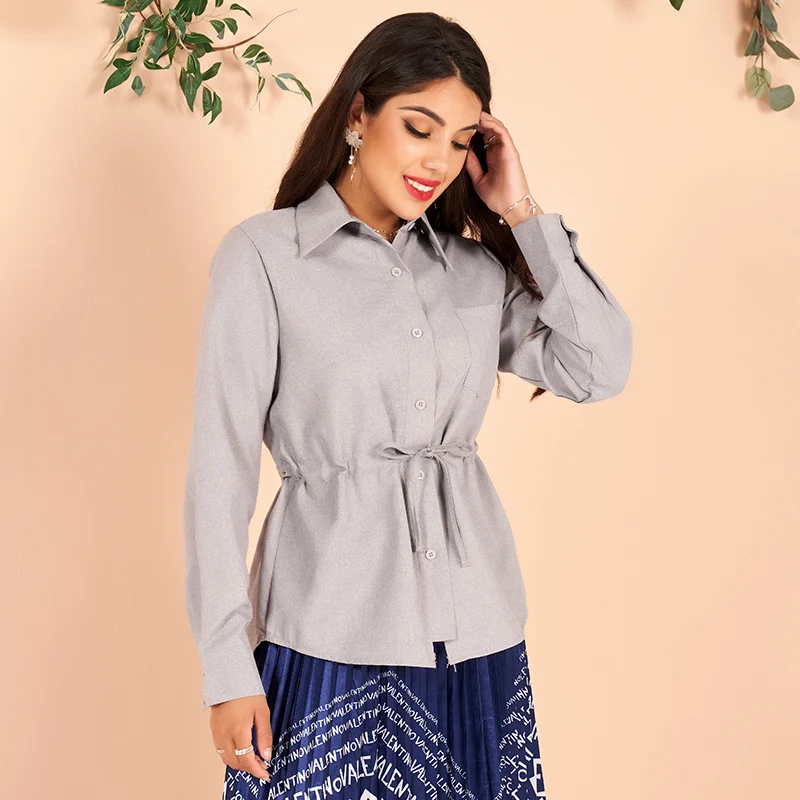 2022 New Spring Summer Women's Shirt Gray Drawstring Sashes Long Sleeve Lapel Blouses Formal Office Lady Buttons Tops 3XL 4XL
2022 New Spring Summer Women's Shirt Gray Drawstring Sashes Long Sleeve Lapel Blouses Formal Office Lady Buttons Tops 3XL 4XL