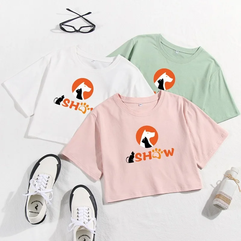 Summer Women Leakage Navel 100% Cotton Short Sleeve Dog Cat Show Print Female Casual Fashion Graphic Streetwear O-Neck Crop Tops
Summer Women Leakage Navel 100% Cotton Short Sleeve Dog Cat Show Print Female Casual Fashion Graphic Streetwear O-Neck Crop Tops