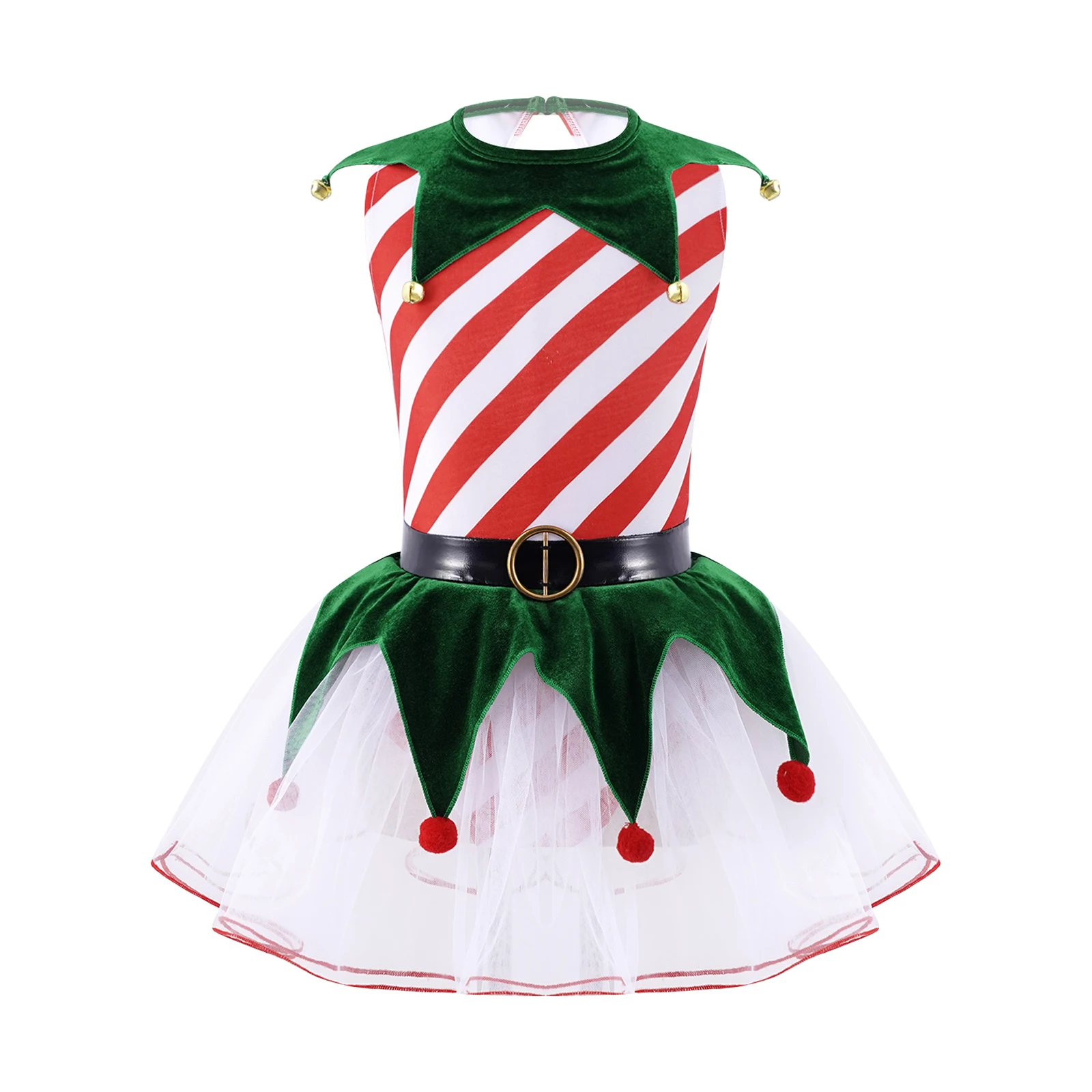 

Kids Girls Christmas Figure Ice Skating Dance Costume Stripes Print Triangle Tailored Hem with Bells Pom Pom Mesh Tutu Dress