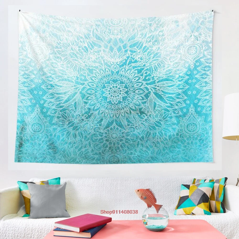 

Fade to Teal watercolor doodle tapestry Mosaic Style Hippie Boho Wall Tapestries Mandala Fabric Mat Living Room Decor