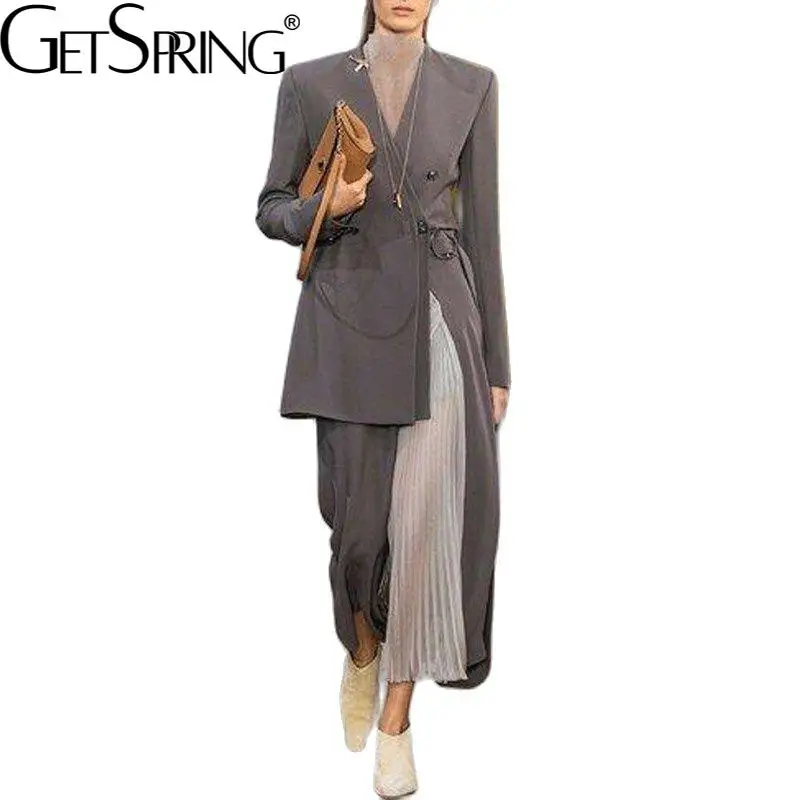 Getspring Women Skirt Suits Double Breasted Irregular Long Lady Blazer Patchwork A-line Skirt Set Women Blazer Skirt Set Autumn 
Getspring Women Skirt Suits Double Breasted Irregular Long Lady Blazer Patchwork A-line Skirt Set Women Blazer Skirt Set Autumn