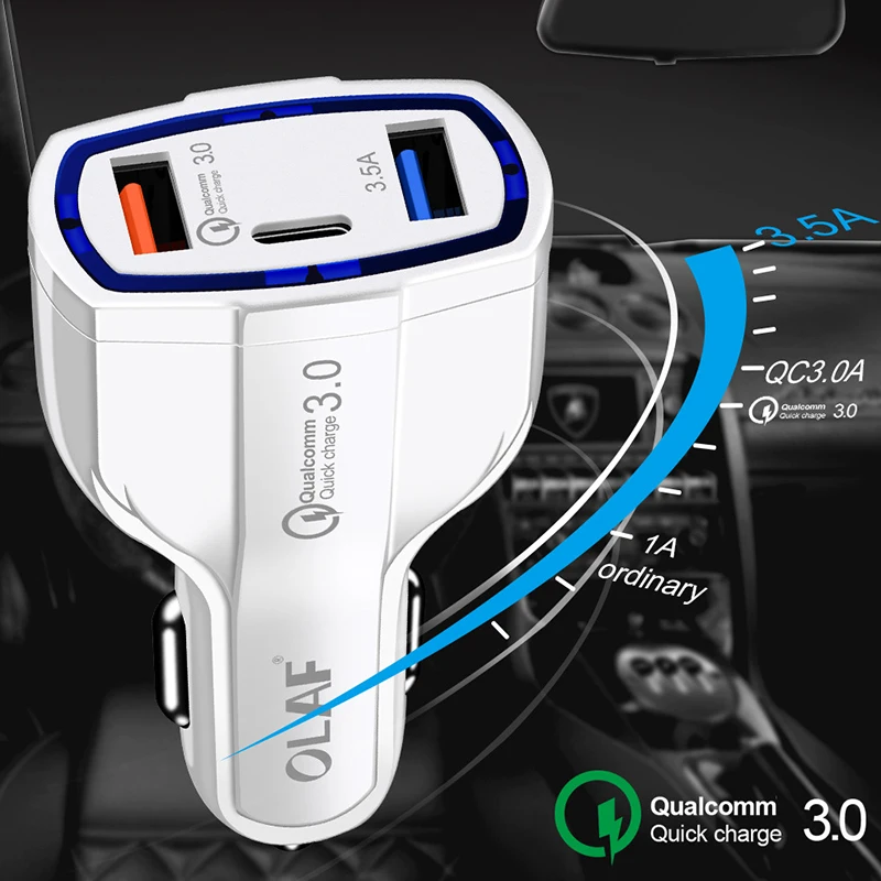 QC3.0 Быстрая автомобильная зарядка с Type-C быстрая для iPhone Samsung Xiaomi Huawei 2usb