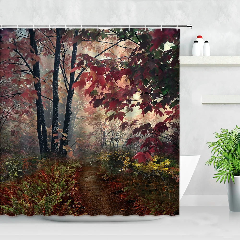 

Занавеска для душа Dream Forest, домашний декор, крючок, экран для ванной, кленовые деревья, красные листья, джунгли, Осенний пейзаж, ткань, занавеска для ванной s