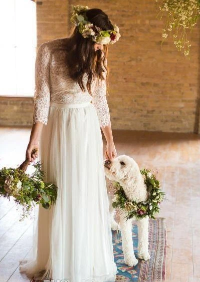 3/4 Sleeves Lace A Line Wedding Dresses Chiffon Sweep Train Garden Beach Bridal Gowns 2021 L1127 
3/4 Sleeves Lace A Line Wedding Dresses Chiffon Sweep Train Garden Beach Bridal Gowns 2021 L1127
