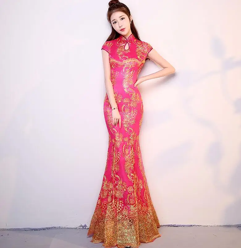 Wedding Qipao Red New Women's Women Short Sleeve Cheongsam Gold Slim Chinese Traditional Fishtail Dress
Wedding Qipao Red New Women's Women Short Sleeve Cheongsam Gold Slim Chinese Traditional Fishtail Dress