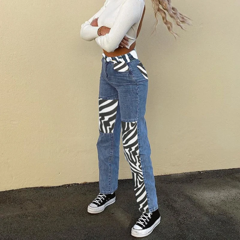 High Waisted Zebra Striped Patched Straight Jeans For Girls Female Fashion Women Vintage Denim Pants Trouser Capris
High Waisted Zebra Striped Patched Straight Jeans For Girls Female Fashion Women Vintage Denim Pants Trouser Capris