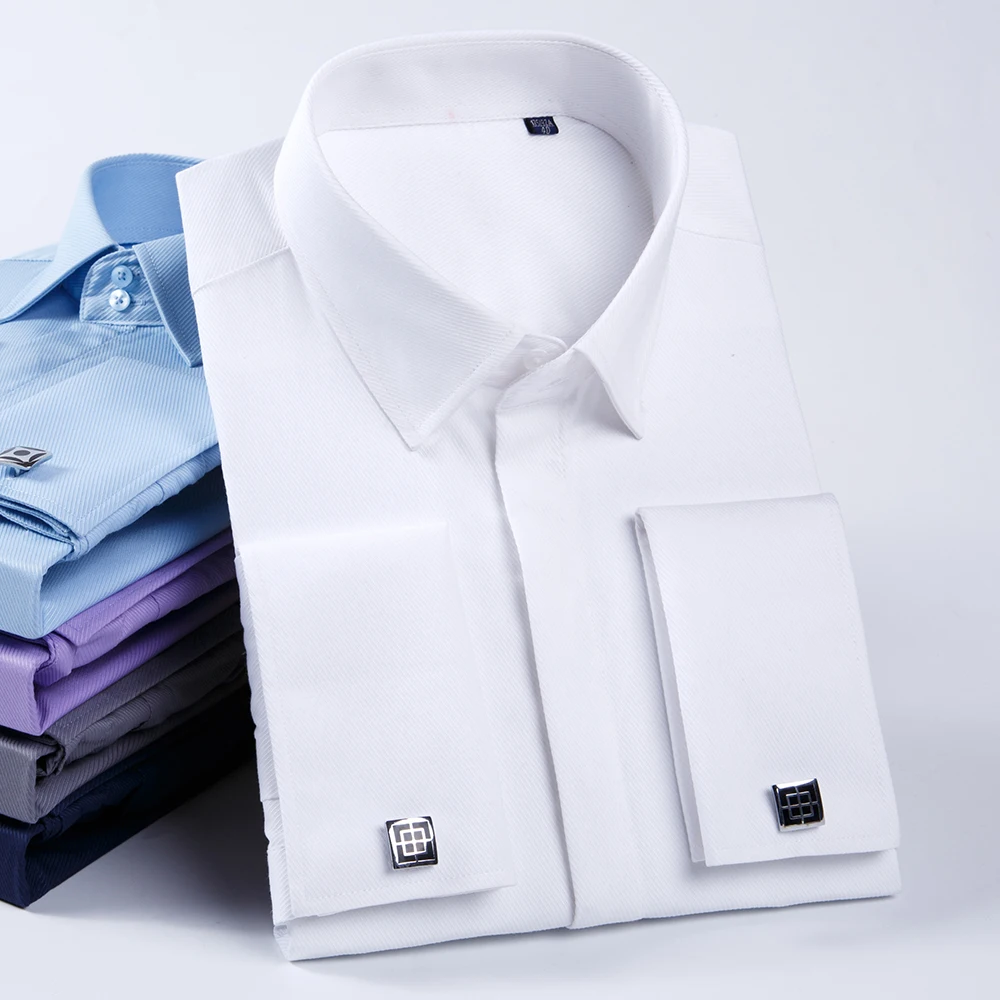 Mens French Cuff Dress Shirts Solid Color Twill Man Tuxedo Dress Party Wedding Business Formal Shirt with Cuffink Covered Button
Mens French Cuff Dress Shirts Solid Color Twill Man Tuxedo Dress Party Wedding Business Formal Shirt with Cuffink Covered Button