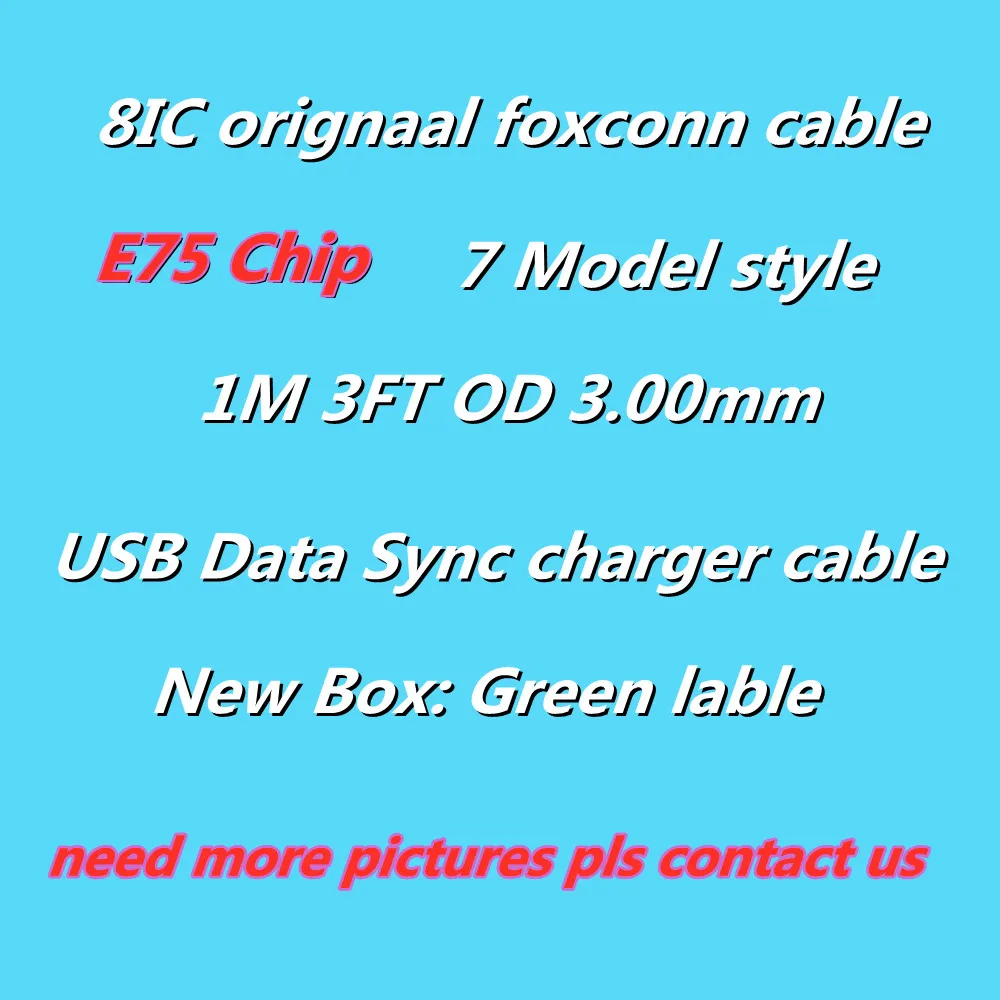 Оригинальный USB-кабель с чипом 8IC E75 10 шт./лот для Foxconn i11 XR XS Max 7 8 6S Plus 5S, кабель для передачи данных 1 м, 3 фута, кабель для синхронизации данных и ...
Оригинальный USB-кабель с чипом 8IC E75 10 шт./лот для Foxconn i11 XR XS Max 7 8 6S Plus 5S, кабель для передачи данных 1 м, 3 фута, кабель для синхронизации данных и ...