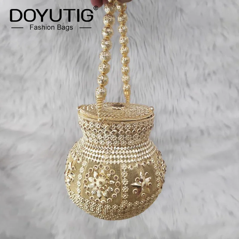 

DOYUTIG Bright Gold Women's Handmade Evening Handbag For Wedding Indian Design Metal Bucket Bag For Party Lady Clutches J008