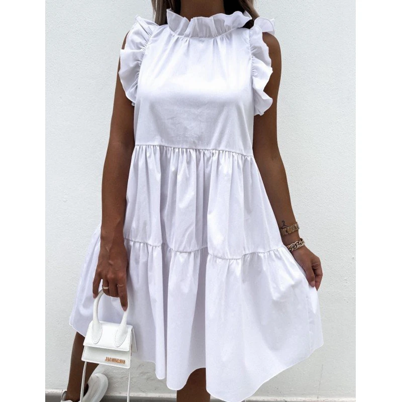 Женское короткое платье с оборками, белое однотонное платье-трапеция без рукавов с круглым вырезом, лето, Lugentolo
Женское короткое платье с оборками, белое однотонное платье-трапеция без рукавов с круглым вырезом, лето, Lugentolo