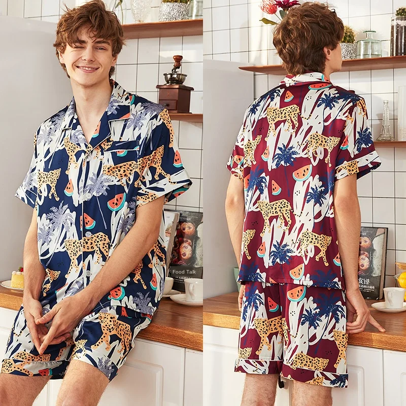Классические шелковые пижамы мужские летние леопардовые шорты с коротким