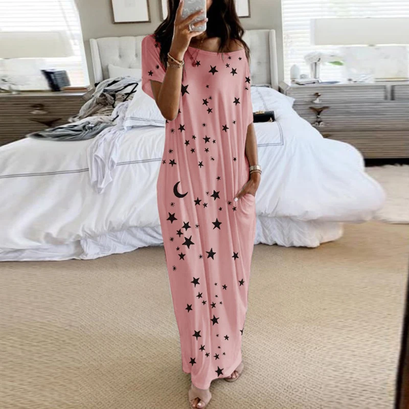 2021 New Women Dresses Loose Off Shoulder Short Sleeve Long Dress Moon Star Printing Elegant Female Spring Summer Dress Vestidos
2021 New Women Dresses Loose Off Shoulder Short Sleeve Long Dress Moon Star Printing Elegant Female Spring Summer Dress Vestidos