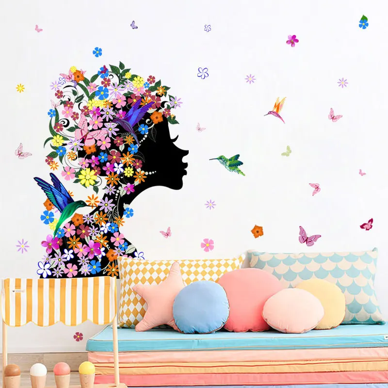 Cartoon Flower Butterfly Girl Wall Sticker For Bedroom Living Room Study Decals Mural Home Decor | Дом и сад