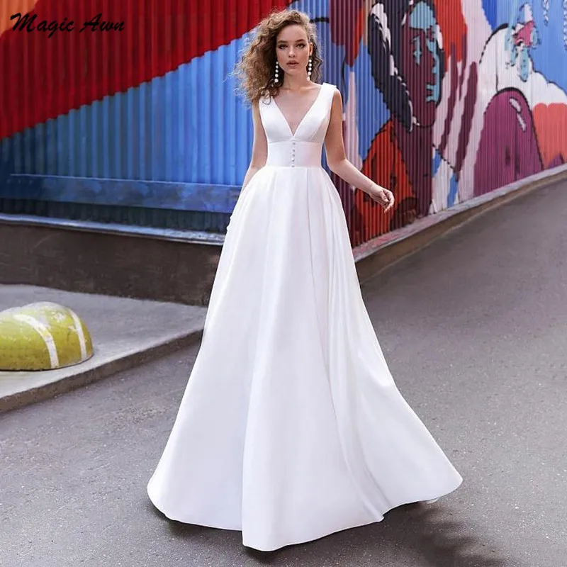 Magic Awn Simple Satin Wedding Dresses Boho V-Neck Sleeveless A-Line Boho Wedding Party Gowns Elegant Cheap 2021 Abito Da Sposa
Magic Awn Simple Satin Wedding Dresses Boho V-Neck Sleeveless A-Line Boho Wedding Party Gowns Elegant Cheap 2021 Abito Da Sposa