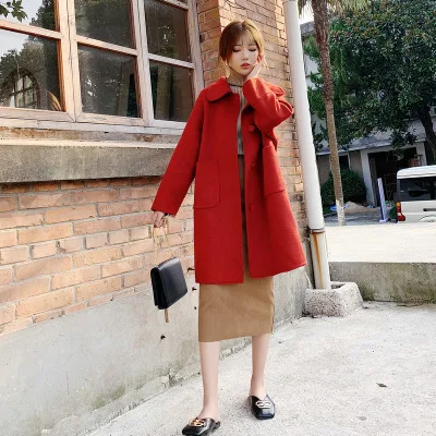 Double Sided Cashmere Coat Women's Middle Long New Autumn / Winter Pocket Lapel Long Sleeve Red Woolen Coat
Double Sided Cashmere Coat Women's Middle Long New Autumn / Winter Pocket Lapel Long Sleeve Red Woolen Coat