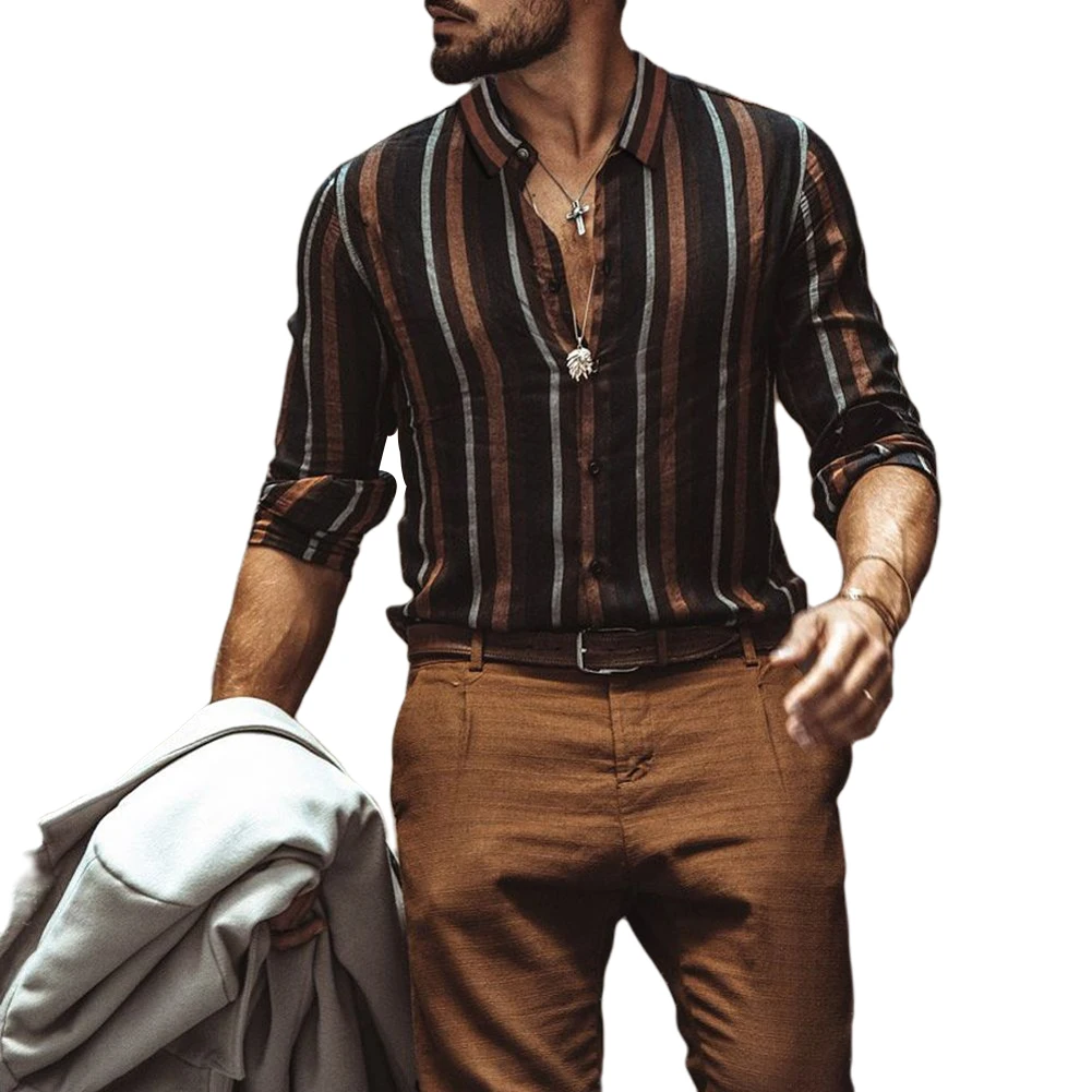 Простая мужская рубашка в полоску с отложным воротником и длинным рукавом мягкая