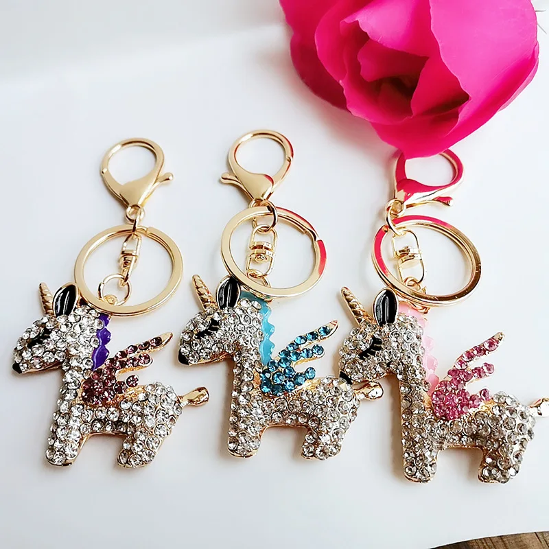

Creative Rhinestone Inlaid Metal Unicorn Pendant Keychain Crystal Car Cute Pony For Girl Women Fashion Classical Jewelry Chain