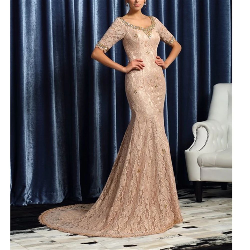 Fashionable Champange Lace Short Sleeves Mother Of The Bride Sheath Appliques Lace Beading Sweep Full-Length Vestido De Madrinha
Fashionable Champange Lace Short Sleeves Mother Of The Bride Sheath Appliques Lace Beading Sweep Full-Length Vestido De Madrinha
