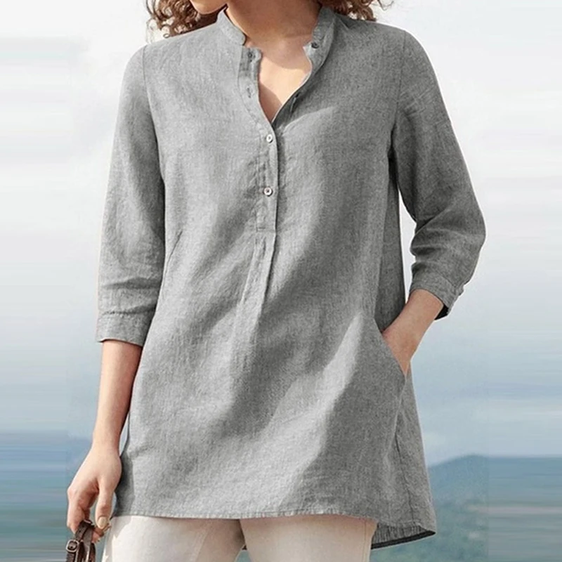 Lady Elegant Tops Blouses Women Loose Casual Shirt Female Stand Collar Solid Color Pocket Butto Shirts Femme
Lady Elegant Tops Blouses Women Loose Casual Shirt Female Stand Collar Solid Color Pocket Butto Shirts Femme