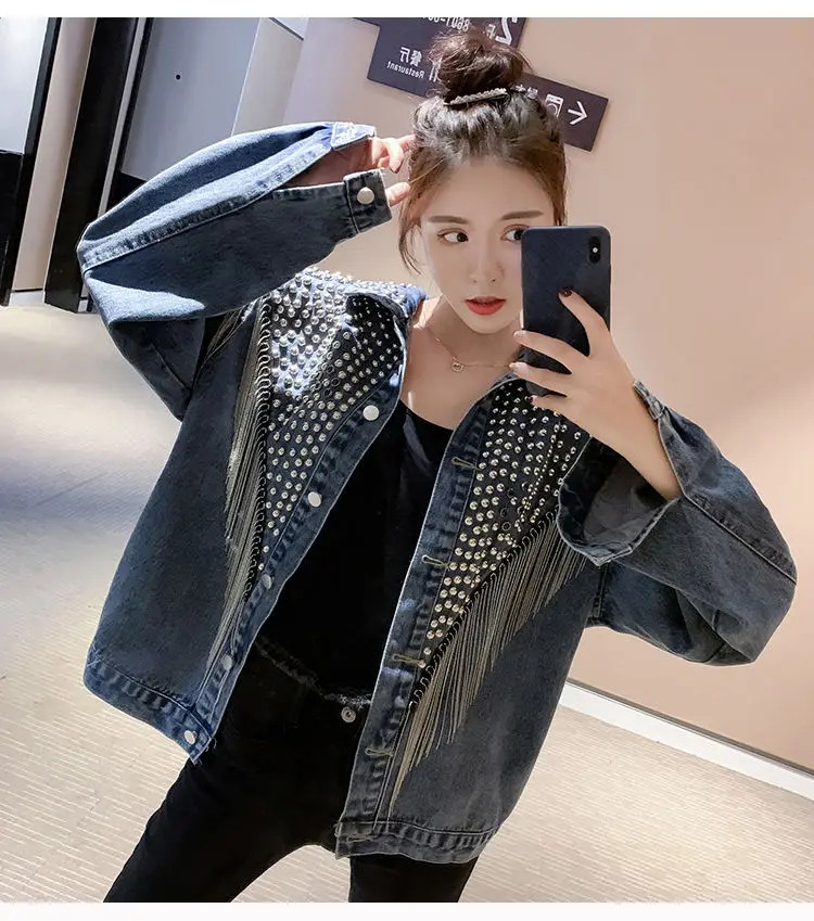 2021 spring women's fashion denim jacket with tassel, diamond rivet jeans jacket women Streetwear Pockets Solid
2021 spring women's fashion denim jacket with tassel, diamond rivet jeans jacket women Streetwear Pockets Solid