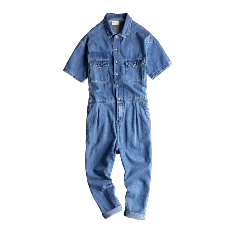 

American overalls men's summer loose denim short-sleeved suit overalls lightweight jeans