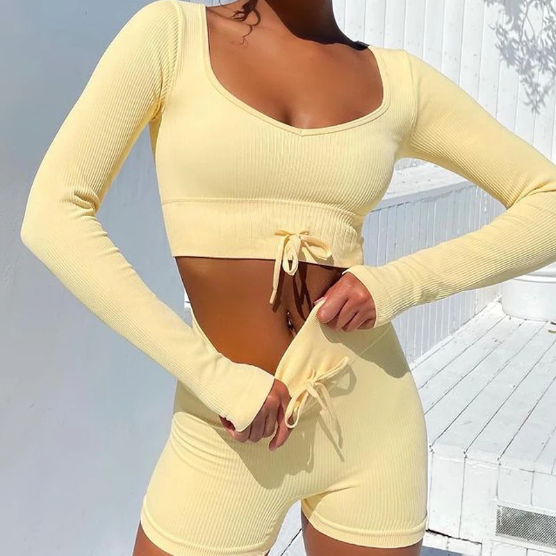 2pcs Sets Women Seamless Knitted Long-sleeved Sports Crop Top High Waisted Shorts Fitness Suit Outdoor Workout Yoga Suit
2pcs Sets Women Seamless Knitted Long-sleeved Sports Crop Top High Waisted Shorts Fitness Suit Outdoor Workout Yoga Suit