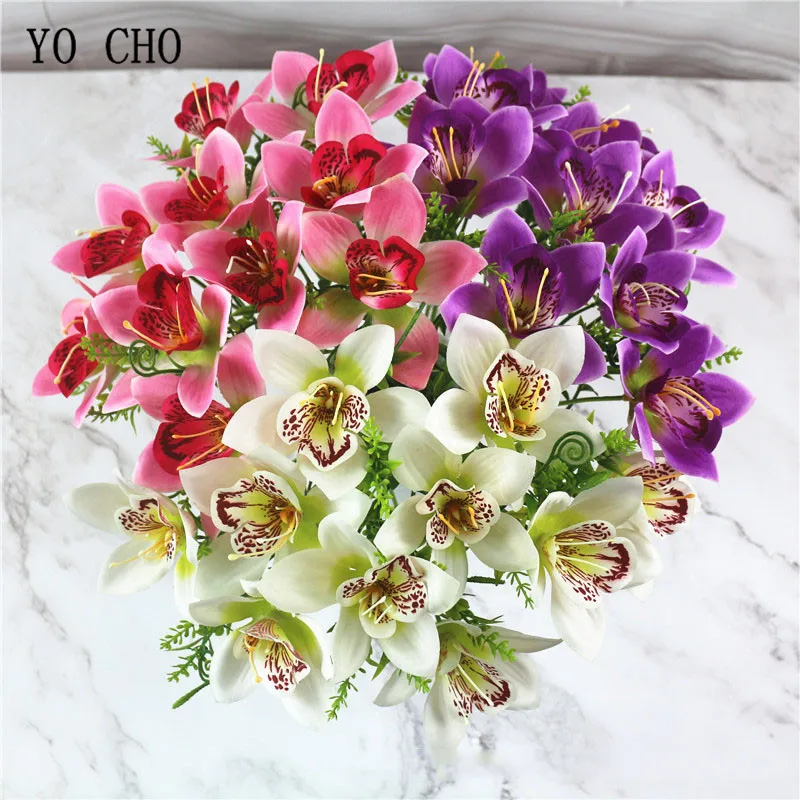 

YO CHO Artificial Silk Orchid Flower Bridesmaid DIY Bouquet Single Branch Fake Orchid Flower Arrangement Pink Home Wedding Decor