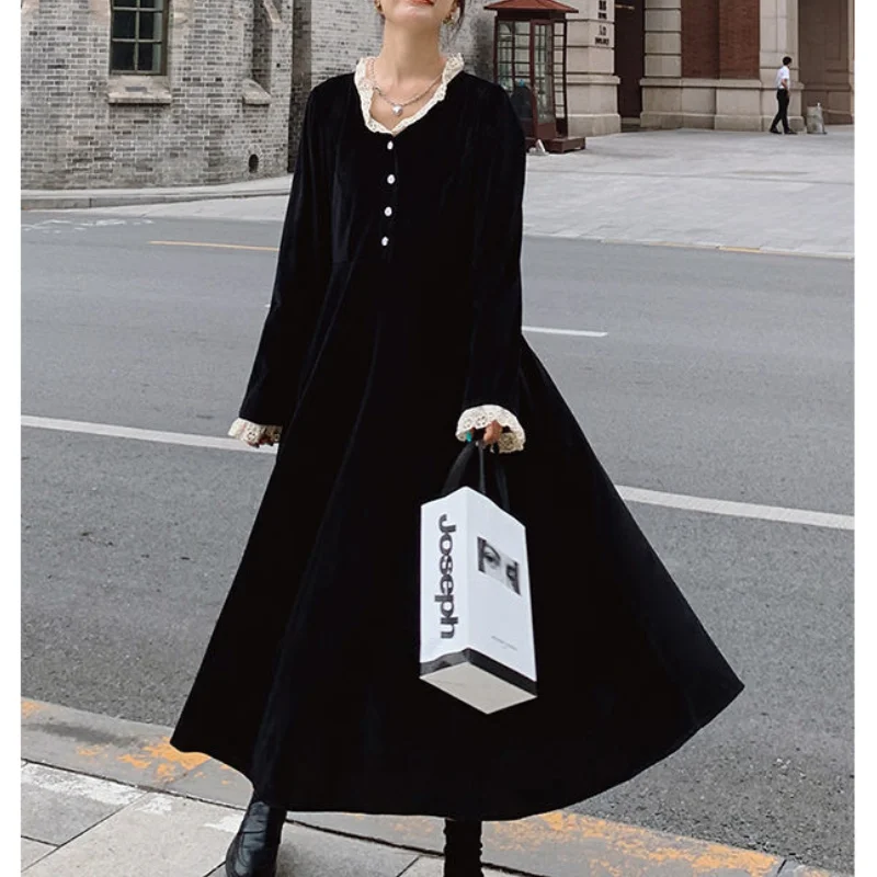 HOUZHOU Elegant Dress Women Black Vintage Lace Patchwork Midi Dress Spring Autumn Golden Velvet Loose Robe Partywear Streetwear
HOUZHOU Elegant Dress Women Black Vintage Lace Patchwork Midi Dress Spring Autumn Golden Velvet Loose Robe Partywear Streetwear
