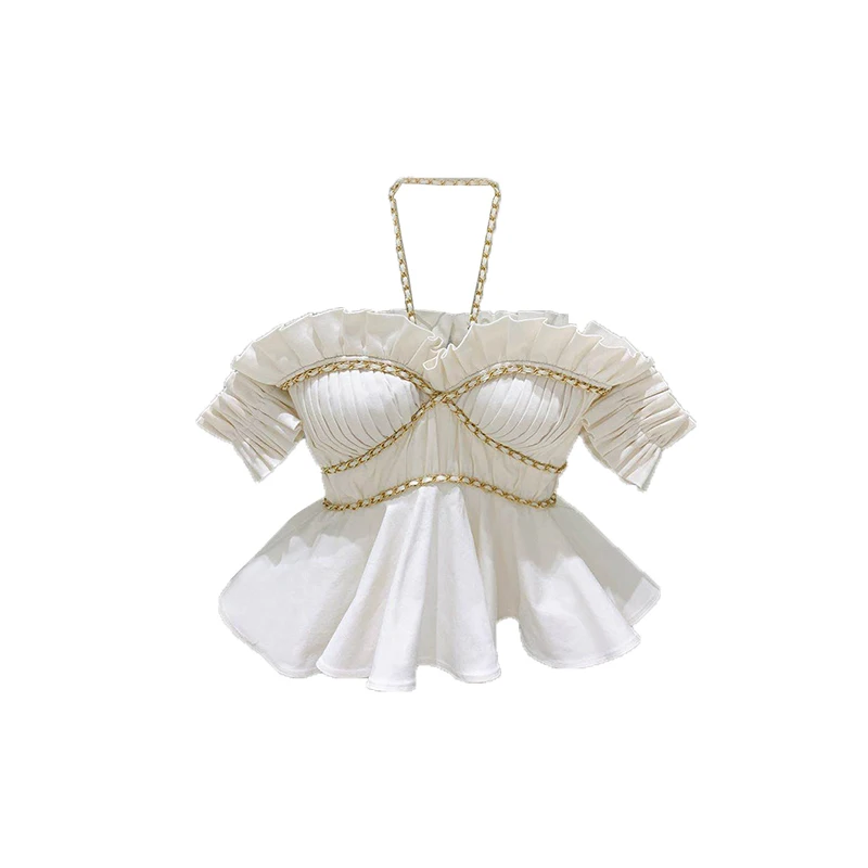 French Sexy Off-Shoulder Design Elegant Ruffled Shirt Women Short Sleeve Halter Strap 2021 Summer White Vintage Blouse Crop Top
French Sexy Off-Shoulder Design Elegant Ruffled Shirt Women Short Sleeve Halter Strap 2021 Summer White Vintage Blouse Crop Top