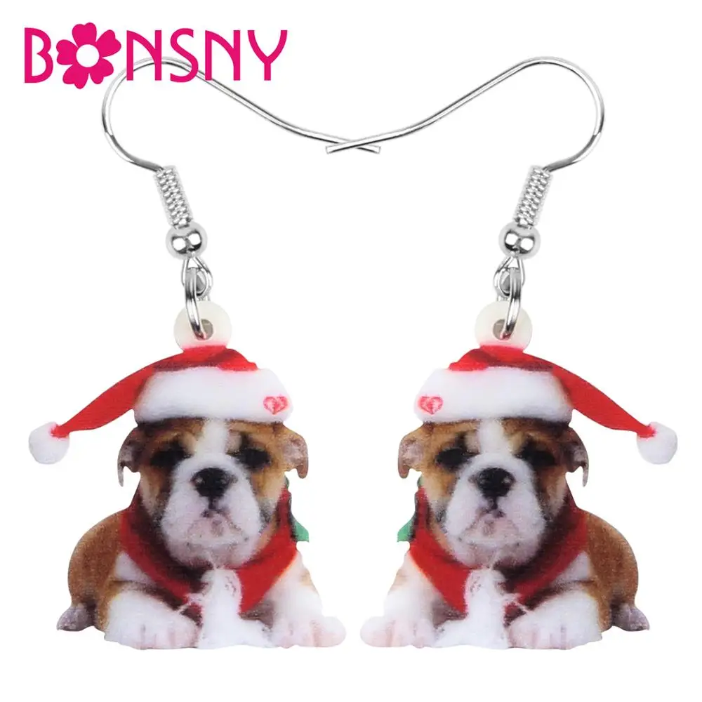 

Bonsny Acrylic Christmas Hat Bulldog Dog Earrings Drop Dangle Animal Pets Jewelry For Women Girls Teen Kid Party Decoration Gift