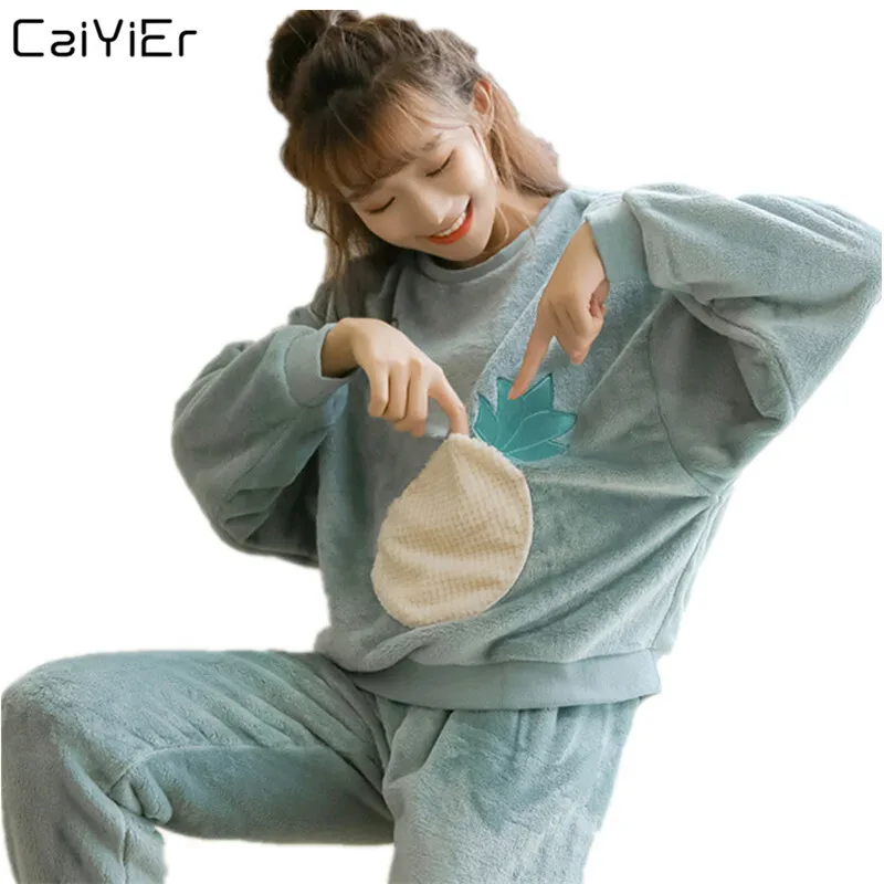 Caiyier/Женские Фланелевые пижамы с милым принтом ананаса зимняя теплая ночная