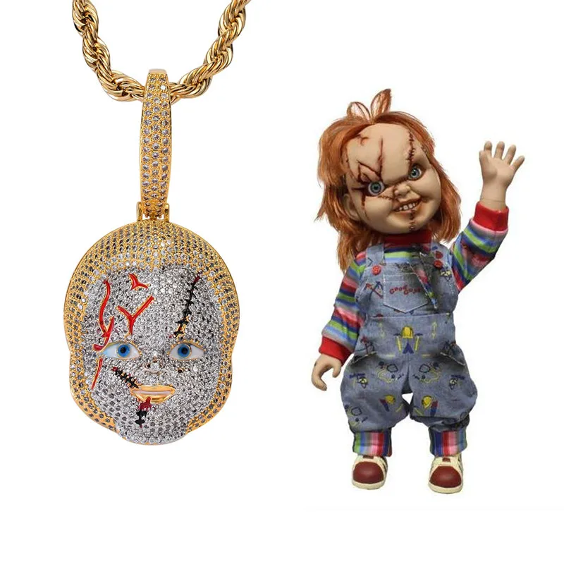 

Hip Hop Chucky Pendant Paved Bling Zircon Iced Out Necklace Fashion Child'S Play Funny Jewelry Best Gift Dropshipping