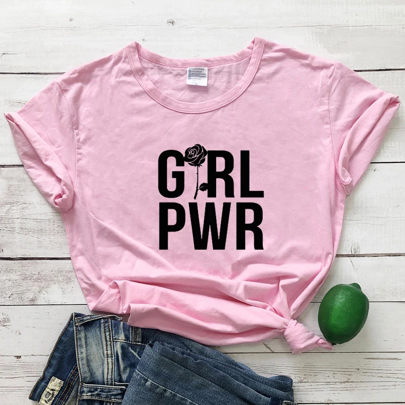 GRL PWR Rose Print T-shirt Fashion 90s Girl Power Graphic Tee Shirt Top Cute Women Short Sleeve Feminist Tshirt Dropshipping | Женская