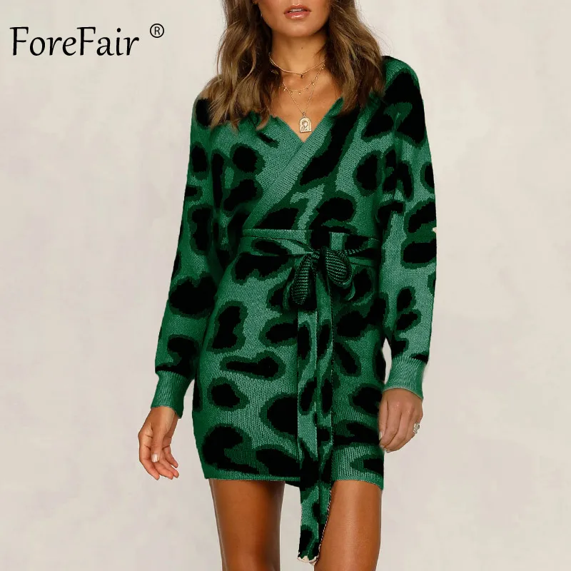 Женское трикотажное платье-свитер Forefair леопардовое мини-туника с высокой талией