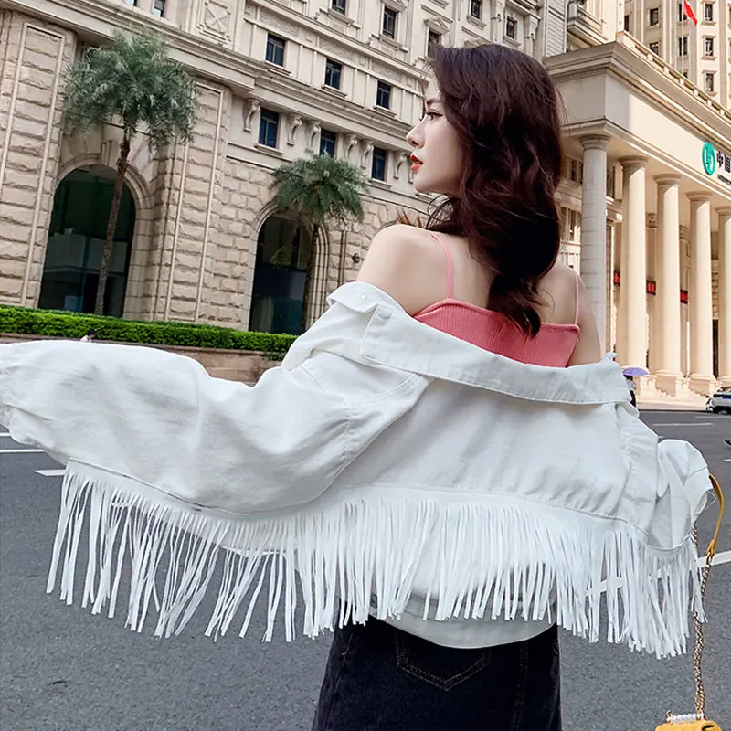 Women Denim Tassel Jackets Short Fashion Tops Female Casual Long Sleeve Button Outwear Coats White Top Jean Jacket Woman Bomber
Women Denim Tassel Jackets Short Fashion Tops Female Casual Long Sleeve Button Outwear Coats White Top Jean Jacket Woman Bomber