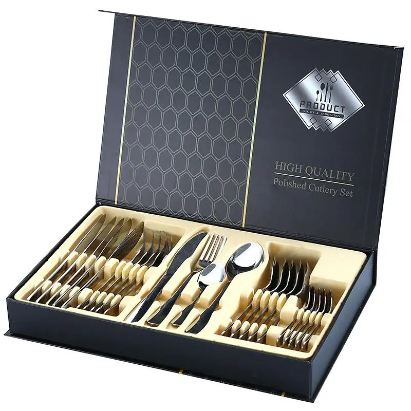 24pcs Gold Dinnerware Set Stainless Steel Tableware Set Knife Fork Spoon Luxury Cutlery Set Gift Box Flatware Dishwasher Safe 
24pcs Gold Dinnerware Set Stainless Steel Tableware Set Knife Fork Spoon Luxury Cutlery Set Gift Box Flatware Dishwasher Safe